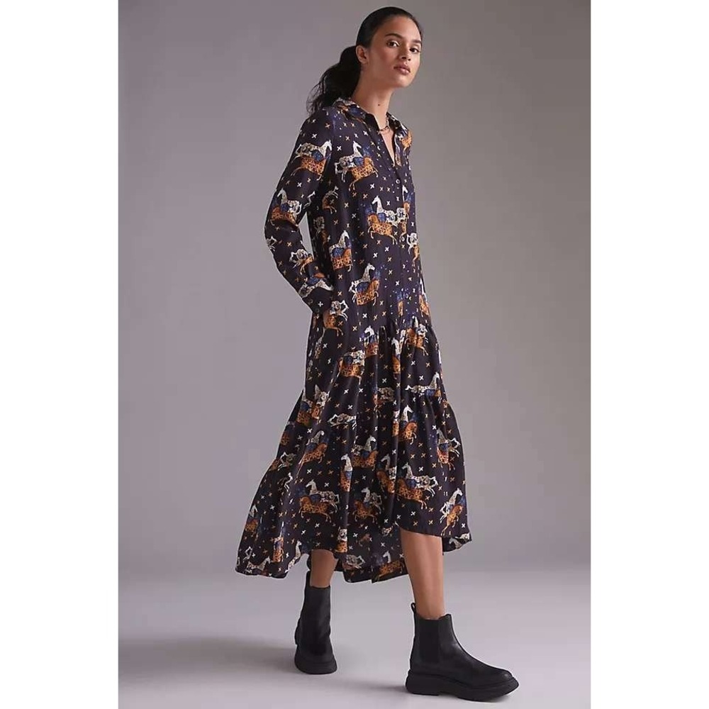 New Anthropologie Plus Equestrian Horse Tiered Maxi Dress Pockets Sz 3X